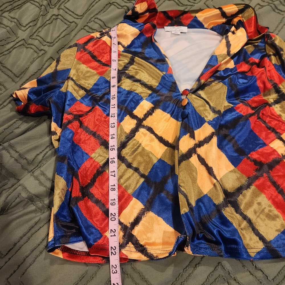 Labelrail X Francesca Perks red, blue, green, gold, and black blouse. - Picture 4 of 9